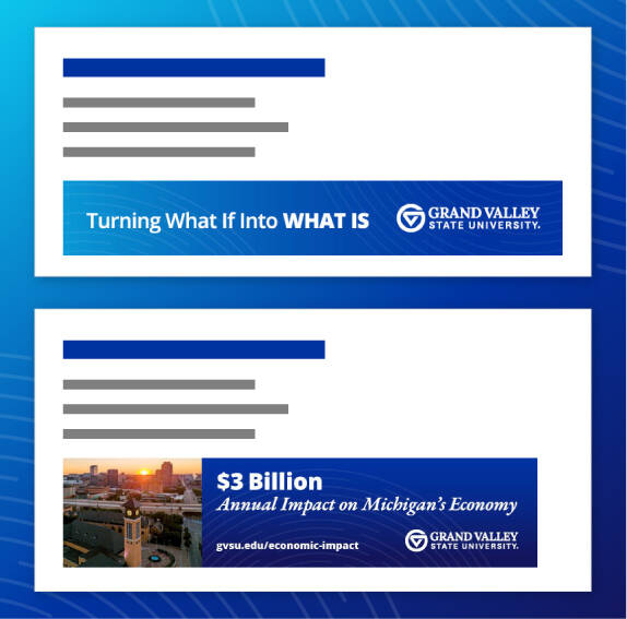 Mockups of two email signatures, each using different graphics at the bottom.